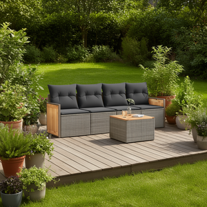 <b>Grey</b> Rattan Garden Sofa Set With Teak Wood <b>Frame</b> 4 Seater Outdoor Furniture Contemporary Design Weather Resistant - Product Image 2