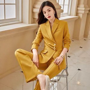 Women's Yellow Suit Set Autumn Casual Korean Style Full Sleeve Polyester Fiber Worsted Fabric - Product Image 2