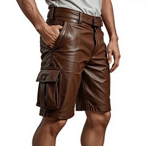 <b>Men's</b> <b>Brown</b> Genuine Leather Canvas <b>Cargo</b> Shorts High Waist with Pockets Breathable Eco-Friendly England Style Workwear - Product Image 1