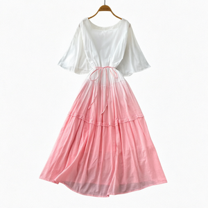 <b>White</b> Pink Contrast Color <b>Boho</b> Chiffon Maxi <b>Dress</b> O-Neck Flutter Sleeve A-Line Loose Summer Casual <b>Dress</b> - Product Image 1