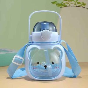 Cute Bear Shape <b>Plastic</b> Water Bottle With Strap Push Button Cap For Children Outdoor Travel Hiking Camping Cartoon Design Bpa - Product Image 3