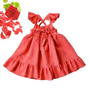 Abito da bambina a tinta unita con decorazioni floreali, in cotone ecologico, a maniche corte, modello a trapezio, traspirante, estivo. - Product Image 4