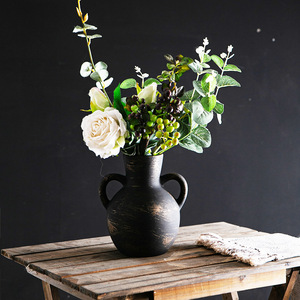 Jarrón de cerámica rústico para granja, terracota blanqueada <span class=keywords><strong>con</strong></span> asas dobles para decoración de bodas <span class=keywords><strong>con</strong></span> <span class=keywords><strong>eucalipto</strong></span> y flores secas - Product Image 4