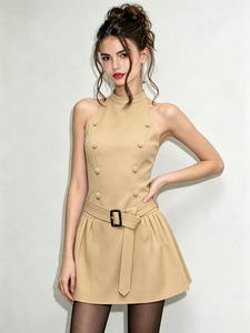 <span class=keywords><strong>Abito</strong></span> a Due Pezzi Stile Trench per Donna, Vestito Mini Senza Maniche con Collo Halter e Cintura, <span class=keywords><strong>Doppiopetto</strong></span> - Product Image 3
