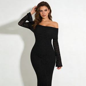 Abiti da donna neri con spalle scoperte, collo ampio, maniche lunghe in <span class=keywords><strong>pizzo</strong></span> testurizzato, abiti da sera lunghi aderenti per feste - Product Image 4