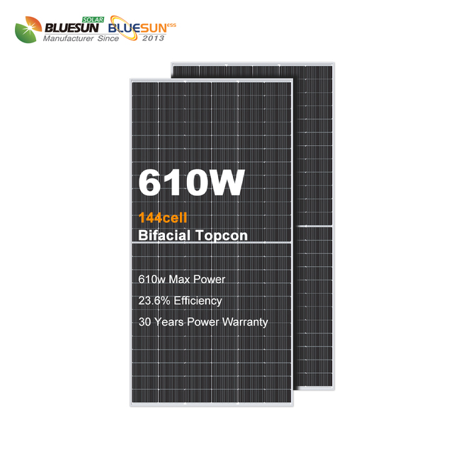 For Bluesun 610W Mono Solar Panel High Wattage 144-Cell Half-Cut PV Module with 25-Year Factory Warranty N-Type for Home Use