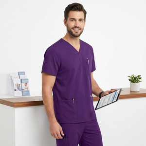 Haut de blouse médicale violet pour homme à col en V avec poches, uniforme d'hôpital en tissu tissé coton-polyester - Product Image 1
