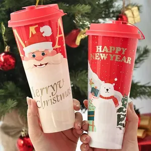 リサイクル可能な90MMミルクティープラスティックコーヒーカップクリスマスボバカップカスタムバブルティープラスチックカップ蓋付き