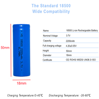 Batería Recargable de Litio de 3.7V 18500, 2200mah, Celda de Batería de Iones de Litio Cilíndrica, Paquete de Litio Personalizado para Drones, Herramientas Eléctricas y Automóviles
