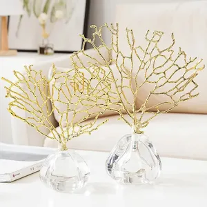 Moderne Koraal Ornamenten Kristal Metalen Boom Glas Vaas Holle Metalen Frame Harsachtige Koraal Oceaan Decoratieve Beeldjes Home Decor