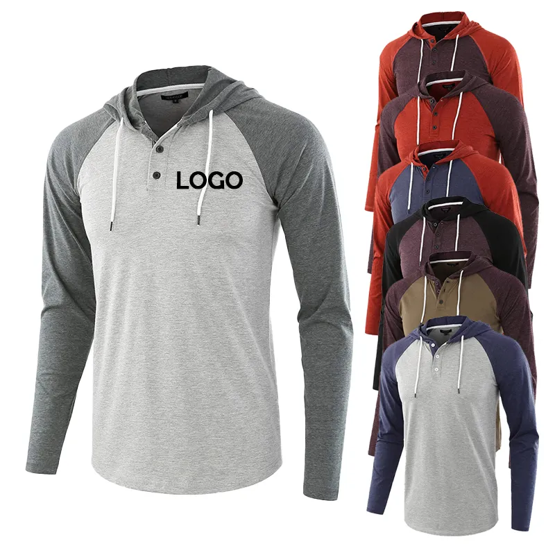 Men Custom Casual Customized Logo Printing Knitted Raglan Sleeves T Shirts Printing Brand Logo Long Sleeve Tshirts With Hooded