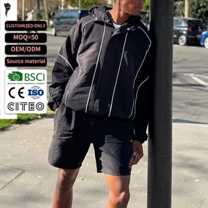 Custom <b>Men</b> 2 Piece Tracksuit White Contrast Piping Hooded Windbreaker <b>Jacket</b> Casual Shorts Streetwear Matching Outfit - Product Image 1