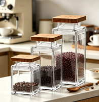 Pot de conservation alimentaire carré en PMMA transparent avec couvercle en bois, hermétique, pour café en grains, thé, céréales et aliments secs - Vente en gros