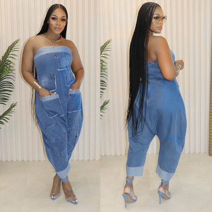 Metodo di tessitura a maglia tuta Cargo in Denim senza spalline da <span class=keywords><strong>donna</strong></span> ampia lunghezza Midi - Product Image 2