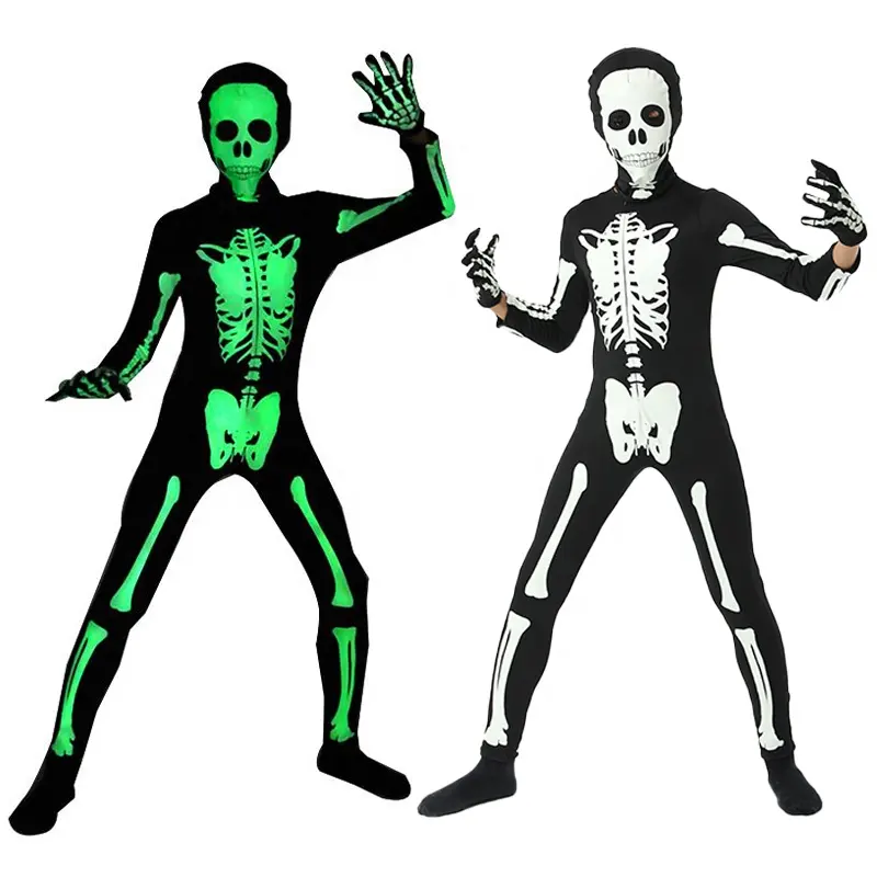 Vêtements de squelette phosphorescent, costume d'halloween de Style imprimé 3D pour enfants, body lumineux avec porte-crâne d'horreur