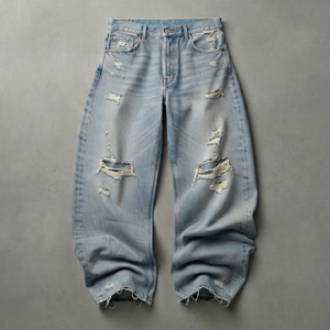 Jean ample déchiré délavé coupe large pour homme, style vintage streetwear, avec logo frontal, collection automne - Product Image 1