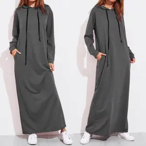 New Wholesale 2023 Long Sleeve Hooded Long Sweatshirt Dress Muslim Women's Hoodie Islamic Turkish solid Women's Robe