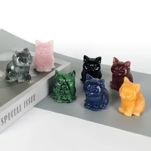 Groothandel Natuurlijke Kristal Lucky Cat Gesneden Rozenkwarts Obsidiaan Crystal Cat Voor Home Ornament