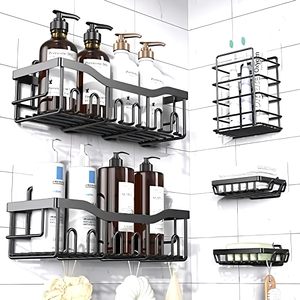 Lot de 5 paniers de douche adhésifs en acier inoxydable thermolaqué, grande capacité, sans perçage, étagères de rangement pour salle de bain - Product Image 1