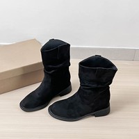 Bottines mi-mollet plissées pour femmes, en daim souple, talon bas, style rétro, décontractées, pour l'automne et l'hiver