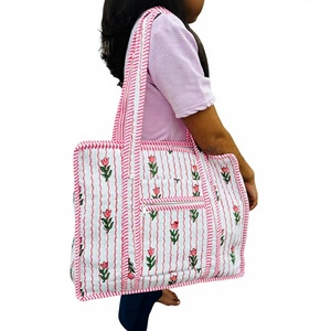 Bolso de Mano Acolchado de Algodón con Cremallera, Bolsa Grande con Estampado de Bloque Vintage, Resistente, Ecológico, para Apertura de Comestibles - Product Image 1