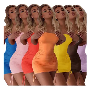 Moen Bestseller Dames Zomer Vlakte Jurk Effen Kleur Kant Trekkoord Jarretel Vrouwen Casual Sexy Bodycon Mini Jurken