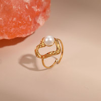Anillo Ajustable de Acero Inoxidable 316L Chapado en Oro Fino de 14k y 18k, con Perla Natural de Agua Dulce y Diseño de Flor, para Mujer