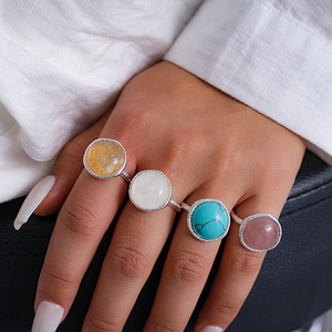 Handmade Twisted Band Natural Gemstone Open <b>Rings</b> Round Turquoise Rose Quartz <b>Statement</b> <b>Rings</b> For Women - Product Image 3