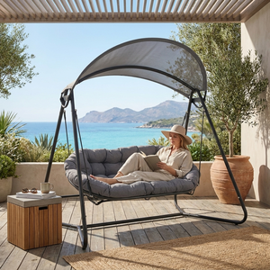 Fauteuil suspendu double d'extérieur avec auvent, structure en acier, <span class=keywords><strong>hamac</strong></span> de jardin rembourré en polyester 180g de qualité 6 avec colorfastness, pour villa - Product Image 1