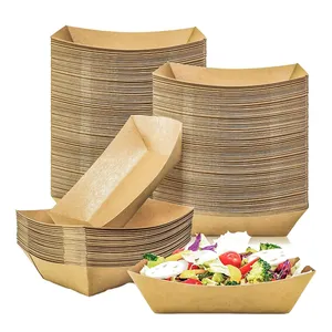 Conteneur de collation jetable bouche ouverte assiette en papier plateau frites laminées puce OEM à emporter boîte de bateau en papier Kraft