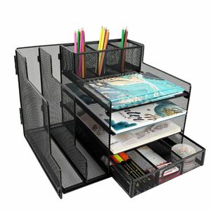 Metal Mesh Desk Organizer 1 Sliding Drawer 4 Horizontal Trays and 2 Vertical Sections with 3 Spaces for Pencils and Accessories - Product Image 1