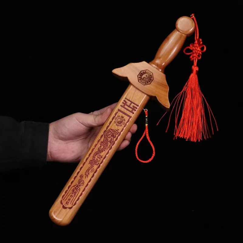 Laser engraved peach wood sword 30cm cinnabar sword