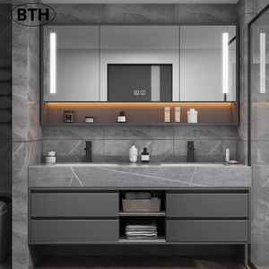 Mobile <span class=keywords><strong>Bagno</strong></span> Moderno Semplice con Doppio Lavabo, Specchio LED, Top in Ceramica Effetto Marmo Resistente all'Acqua - Product Image 1