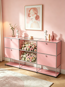 Meuble de rangement décoratif de luxe, style Bauhaus du milieu du siècle, moderne et simple, en verre et métal, pour salon, modulaire, en acier inoxydable poudré - Product Image 1
