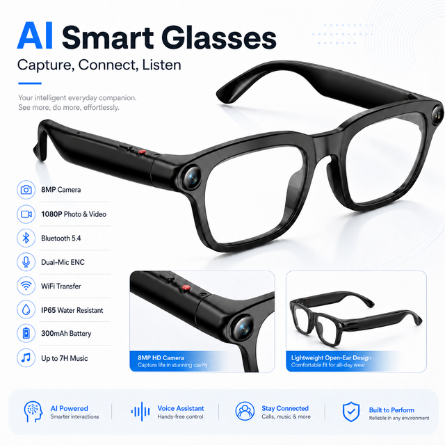 Factory Wholesale AI Smart Eyewear 8MP HD Camera BT 5.4 Voice Assistant Glasses