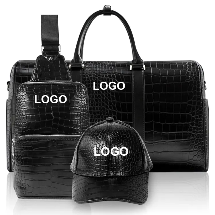 New designer fashion custom logo black crocodile pu outdoor luxury duffle luggage bag man large capacity leather travel bag set