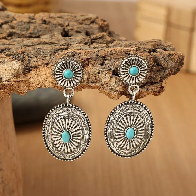 Turquoise et Silvertone Coronado Concho Navajo Turquoise Concho Boucles d'oreilles pour femmes Style occidental Concho Texture Post Boucles d'oreilles