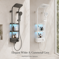 Panneau de douche moderne avec pommeau de douche pluie, douchette à main, étagères de rangement et affichage numérique pour salle de bain, vente en gros OEM