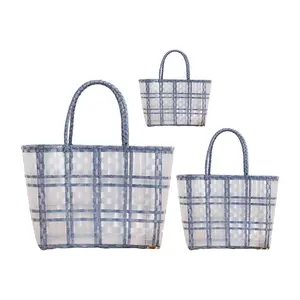 Nouveau panier de pique-nique en plastique tissé clair Shopping plage camping en plein air sac fourre-tout fait à la main