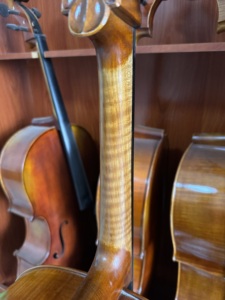 Cello artisanal 4/4 de qualité supérieure en épicéa et érable massifs, prêt à jouer, verni, avec dos et flancs flammés - Product Image 5