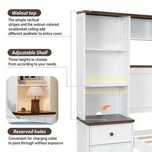 Cadre <span class=keywords><strong>de</strong></span> <span class=keywords><strong>lit</strong></span> plateforme blanc pleine grandeur avec 2 tables <span class=keywords><strong>de</strong></span> chevet et étagère <span class=keywords><strong>de</strong></span> rangement pour chambre à coucher et appartement - Product Image 6