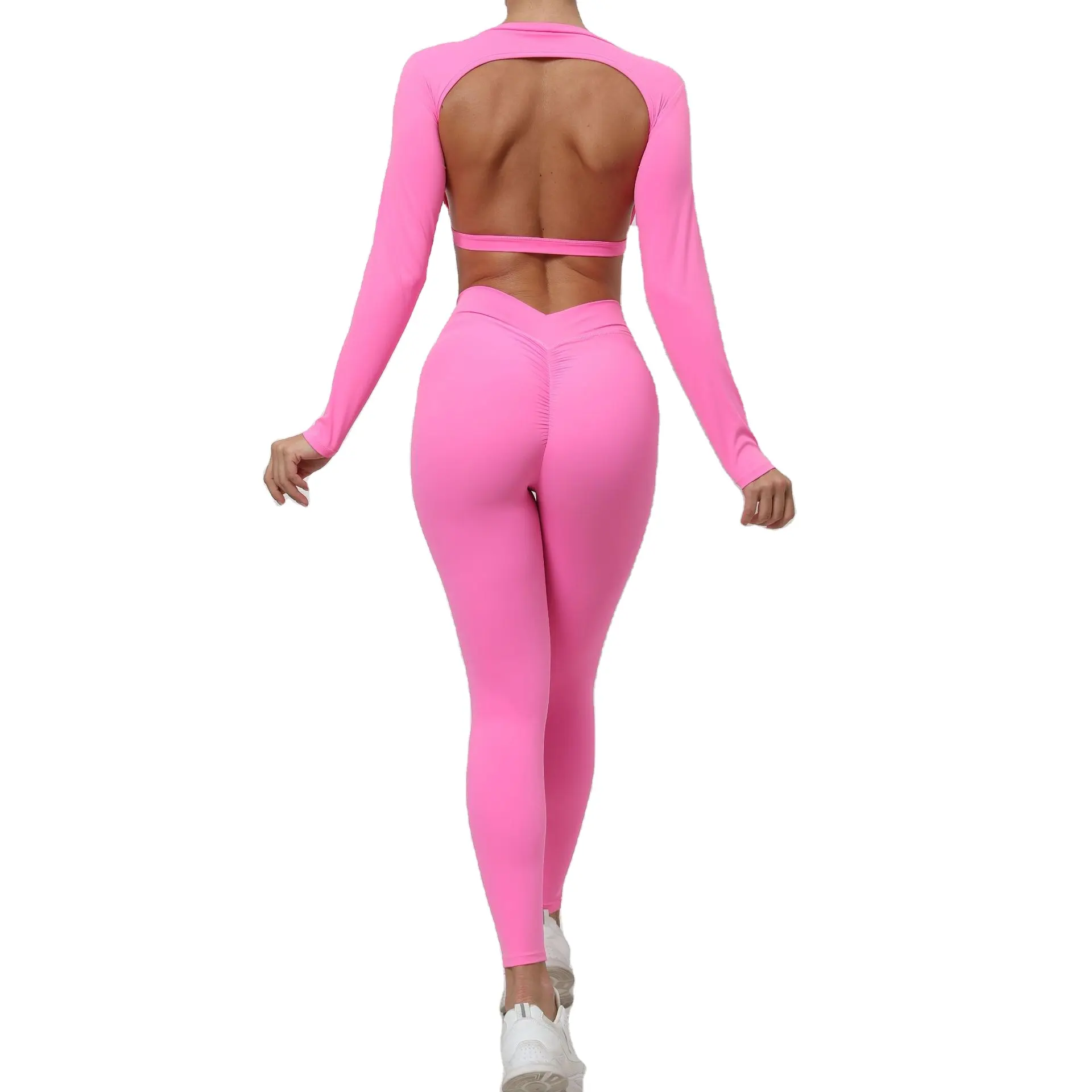 Abbigliamento sportivo da donna elasticizzato morbido e leggero aperto dietro Yoga manica lunga e a forma di V Leggings Fitness Set