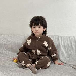 Pijamas de Forro Polar Coral con Mangas Abullonadas para Niñas y Niños, Diseño Lindo para Otoño/<span class=keywords><strong>Invierno</strong></span>, Conjunto Combinado, Ropa de Estar por Casa que Mantiene el Calor - Product Image 3