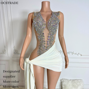 Parti gece kulübü için toptan lüks aç geri seksi Mesh dantelli elbiseler Rhinestone elmas Sheer gül altın doğum günü Mini elbise - Product Image 1