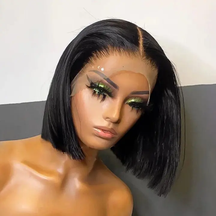 Brazilian Human Hair Wig Pre-Plucked Bone Straight Bob Lace Front Wig For Black Women's Swiss Lace Machine Made Wig 180% Density