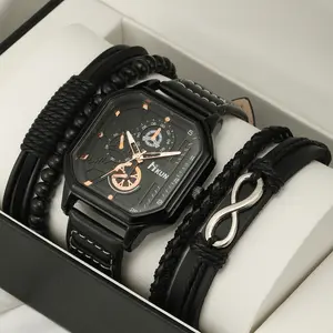 Jam tangan pria, 5 buah/Set jam tangan merek untuk pria, perhiasan tali kulit, Matte, hitam, kuarsa, Gerakan Jepang