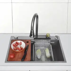 China Suppliers Nanometer 304 Raindance Pull Out Mixer Stainless Steel Kitchen Sinks With Waterfall Faucet