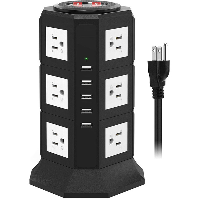 Tower Surge Protector Power Strip 12 AC Outlets 15A and 5 USB Slots Smart Charging Station Multiple Protection for Home Office
