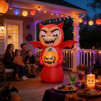 Décoration de jardin gonflable d'Halloween : Diable rouge avec ailes de chauve-souris et lumières LED citrouille, 6-8 pieds, motif démon de dessin animé effrayant, pour fête d'Halloween et maison hantée