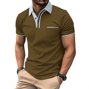 Camisas de Golf de Manga Corta de Algodón Negro para Hombre, Cuello Azul Claro, Logotipo Frontal, Bolsillo, Tejido Casual, Color Sólido, Transpirable, 160g - Product Image 3